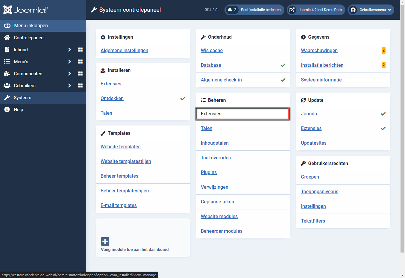 Joomla 4 backend Beheren Extensies