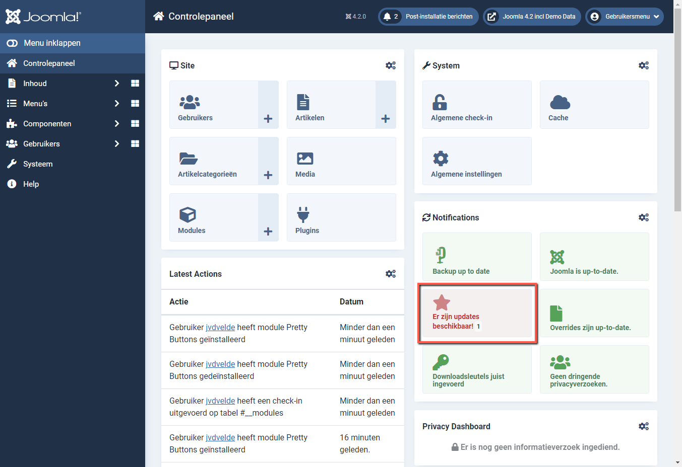 Joomla 4 backend - update beschikbaar