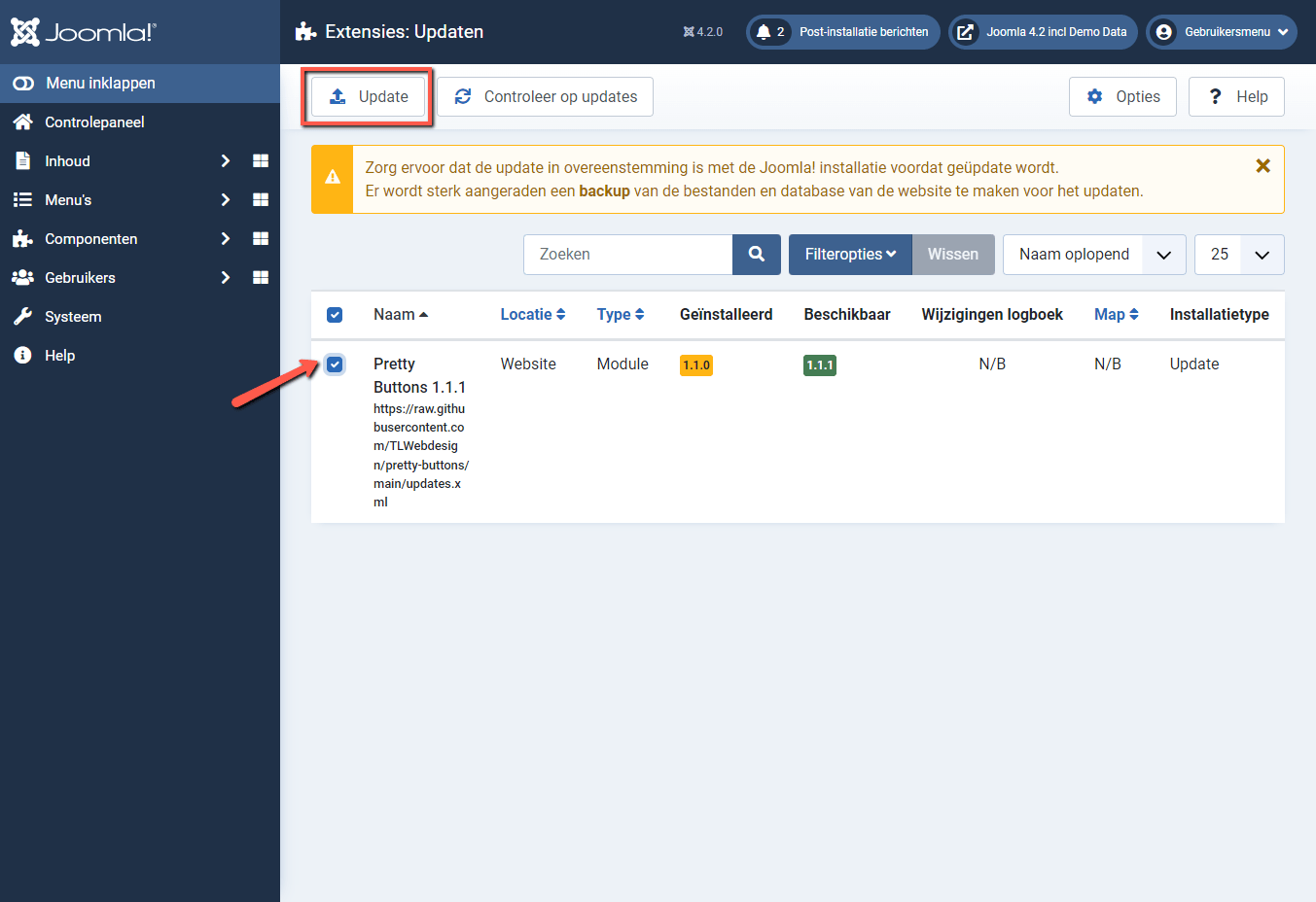 Joomla 4 backend Installeren Update vinkje plaatsen