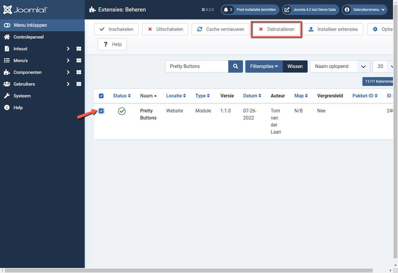 Joomla 4 backend deinstalleren Pretty Buttons