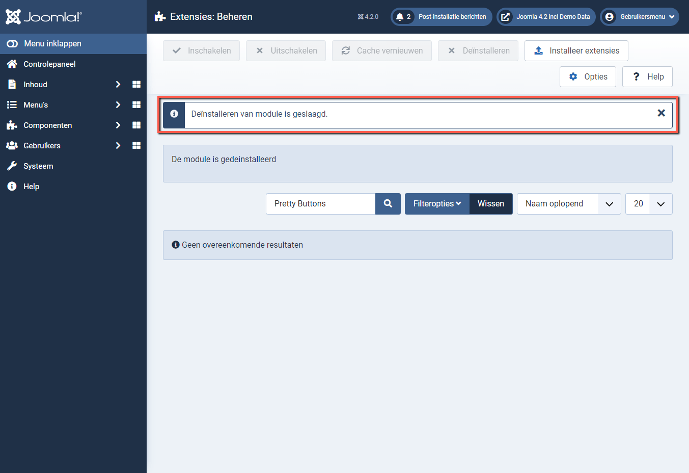 Joomla 4 backend deinstallateren Pretty Buttonsn geslaagd