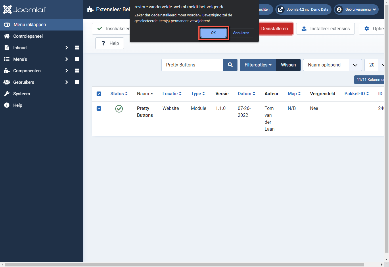 Joomla 4 backend deinstalleren Pretty Buttons bevestigen