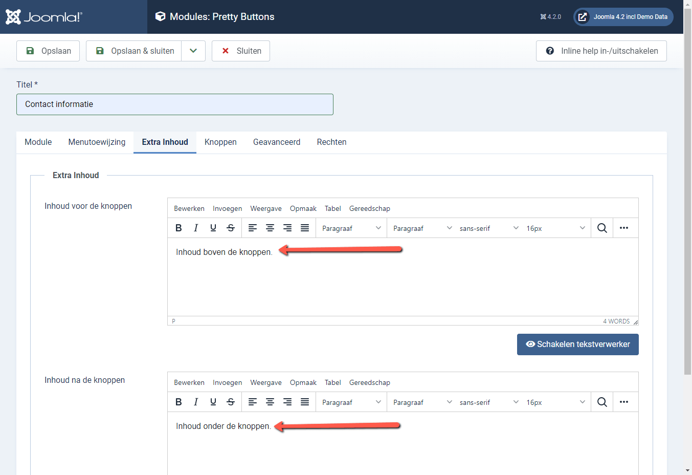 Joomla 4 backend Extra inhoud