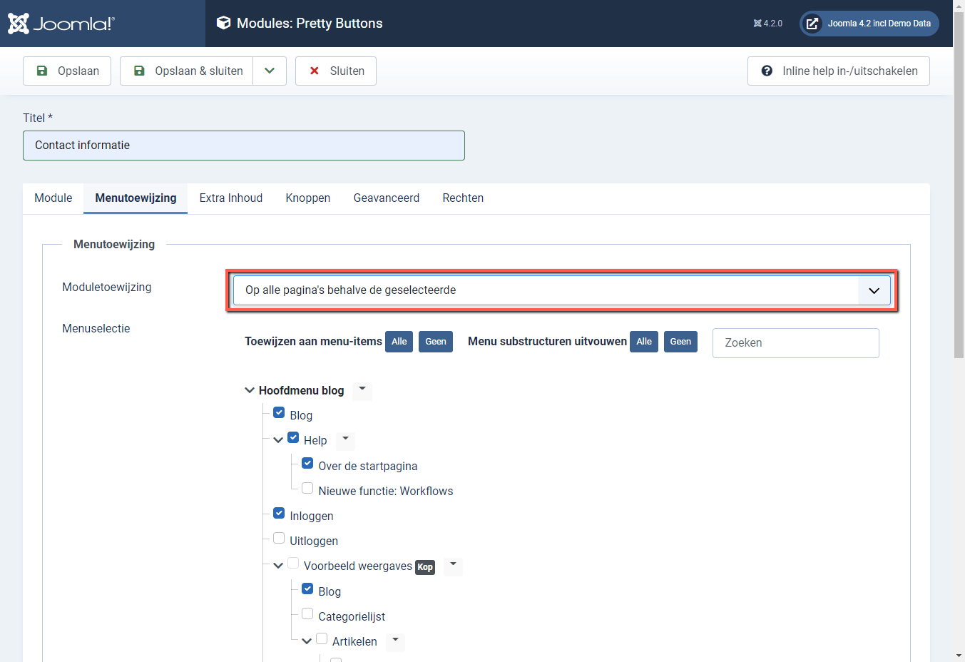 Joomla 4 backend Menu Toewijziging Alle paginas behalve