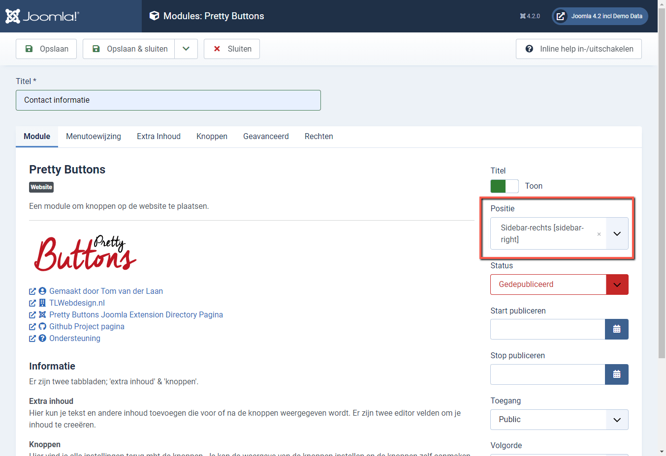 Joomla 4 backend Titel en Module Positie aangepast