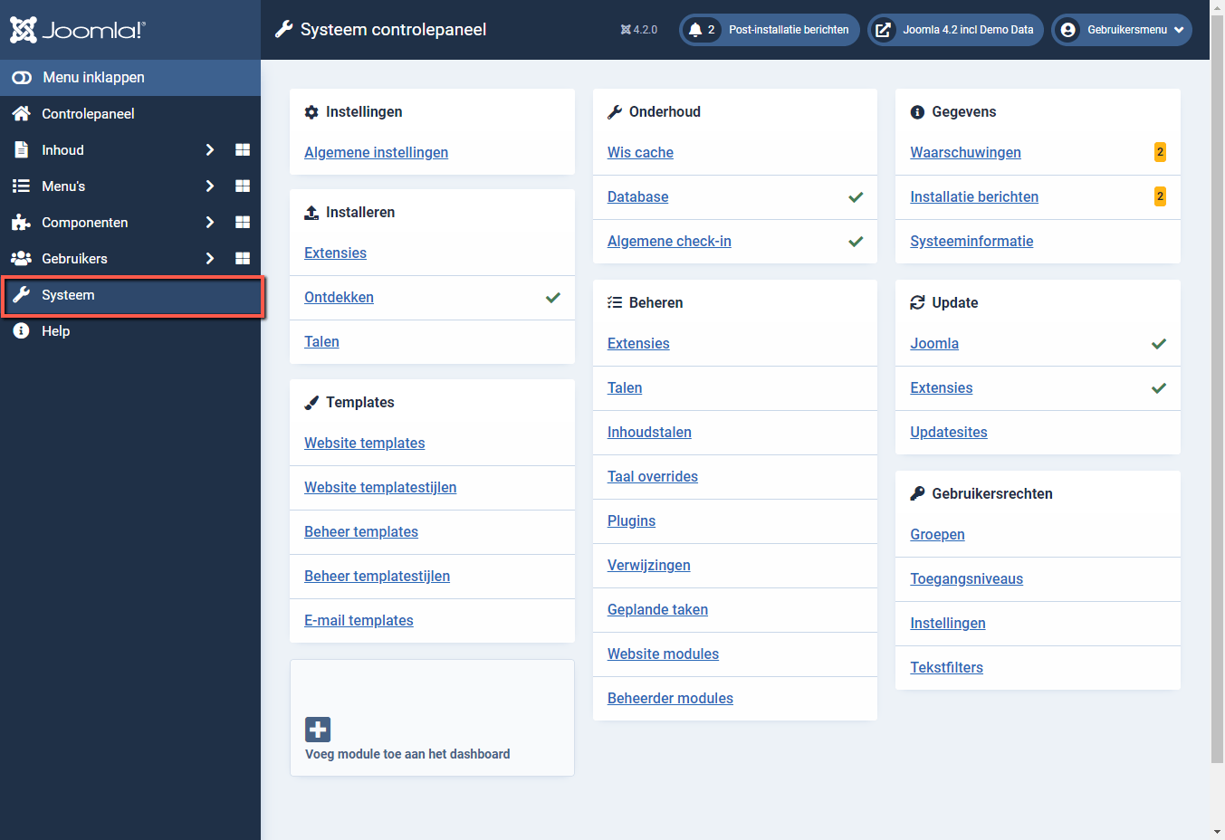 Joomla 4 back-end menu Systeem