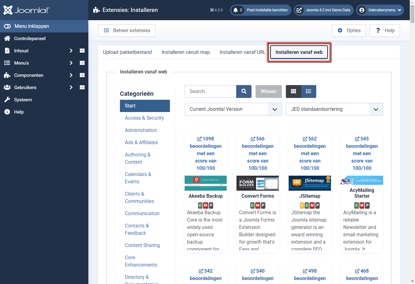 Joomla 4 backend - tab installeren van web