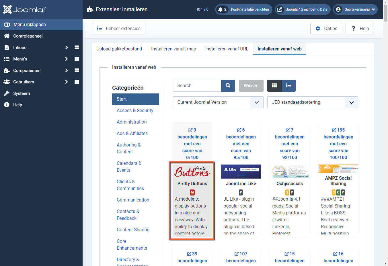 Joomla 4 backend installeren Pretty Buttons