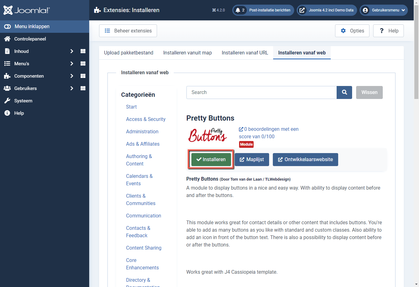 Joomla 4 backend installeren Pretty Buttons 2