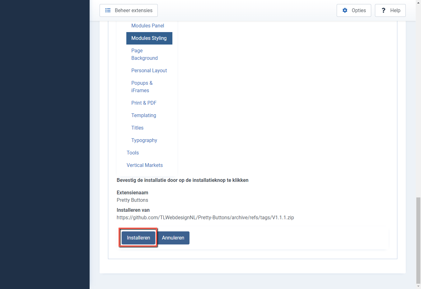 Joomla 4 backend installeren Pretty Buttons 3