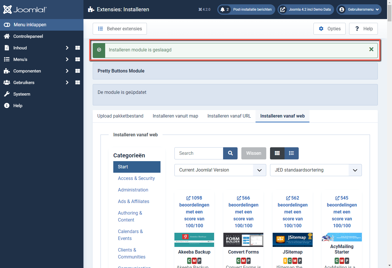 Joomla 4 backend Pretty Buttons Installatie Succes melding