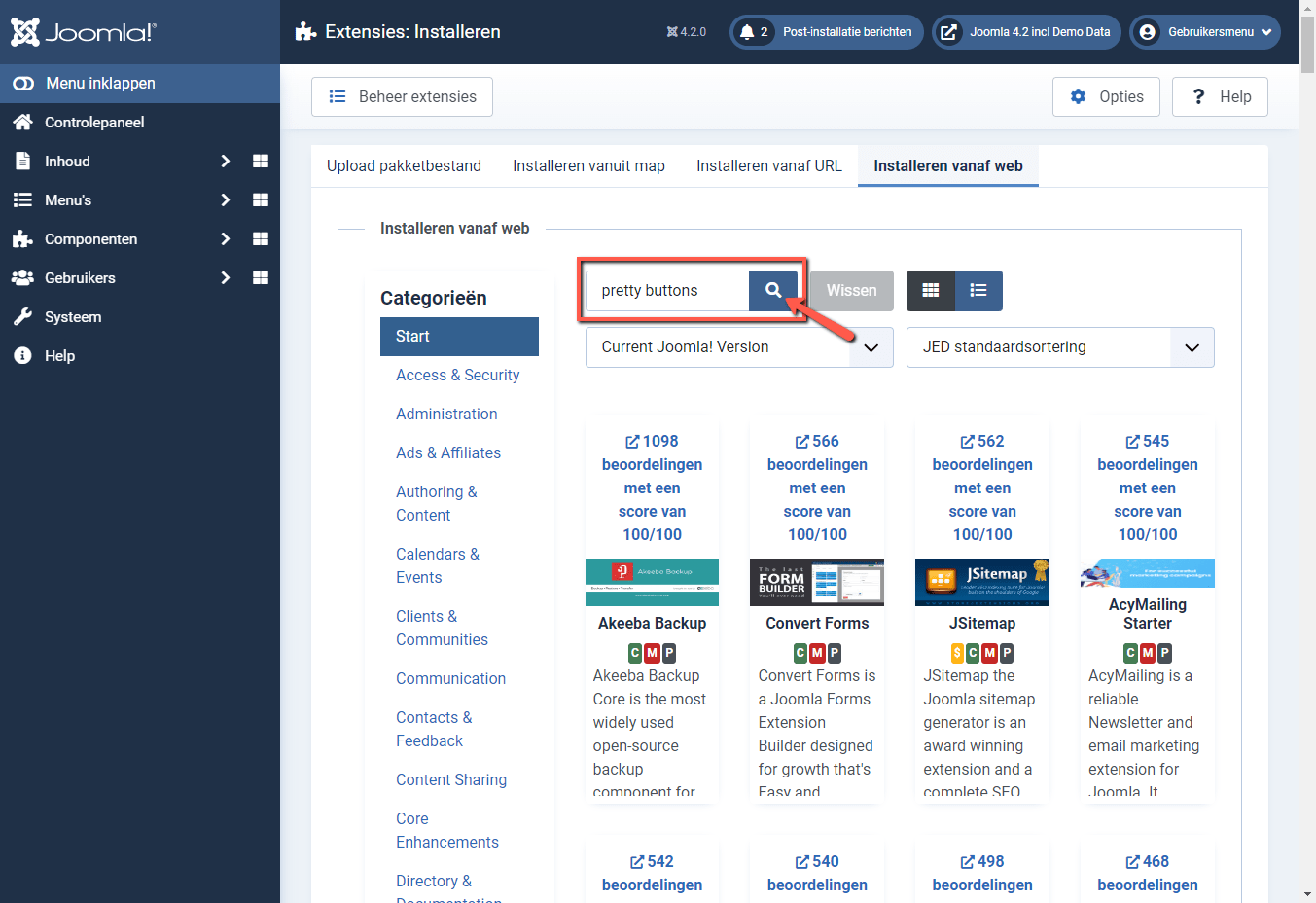 Joomla 4 backend zoeken Pretty Buttons