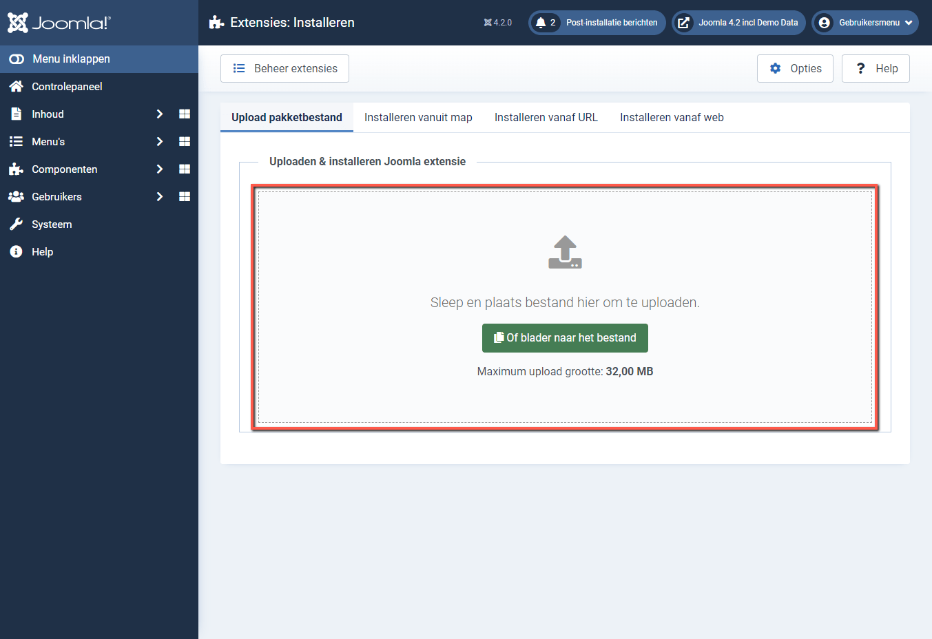 Joomla 4 Upload Extensie via drag and drop
