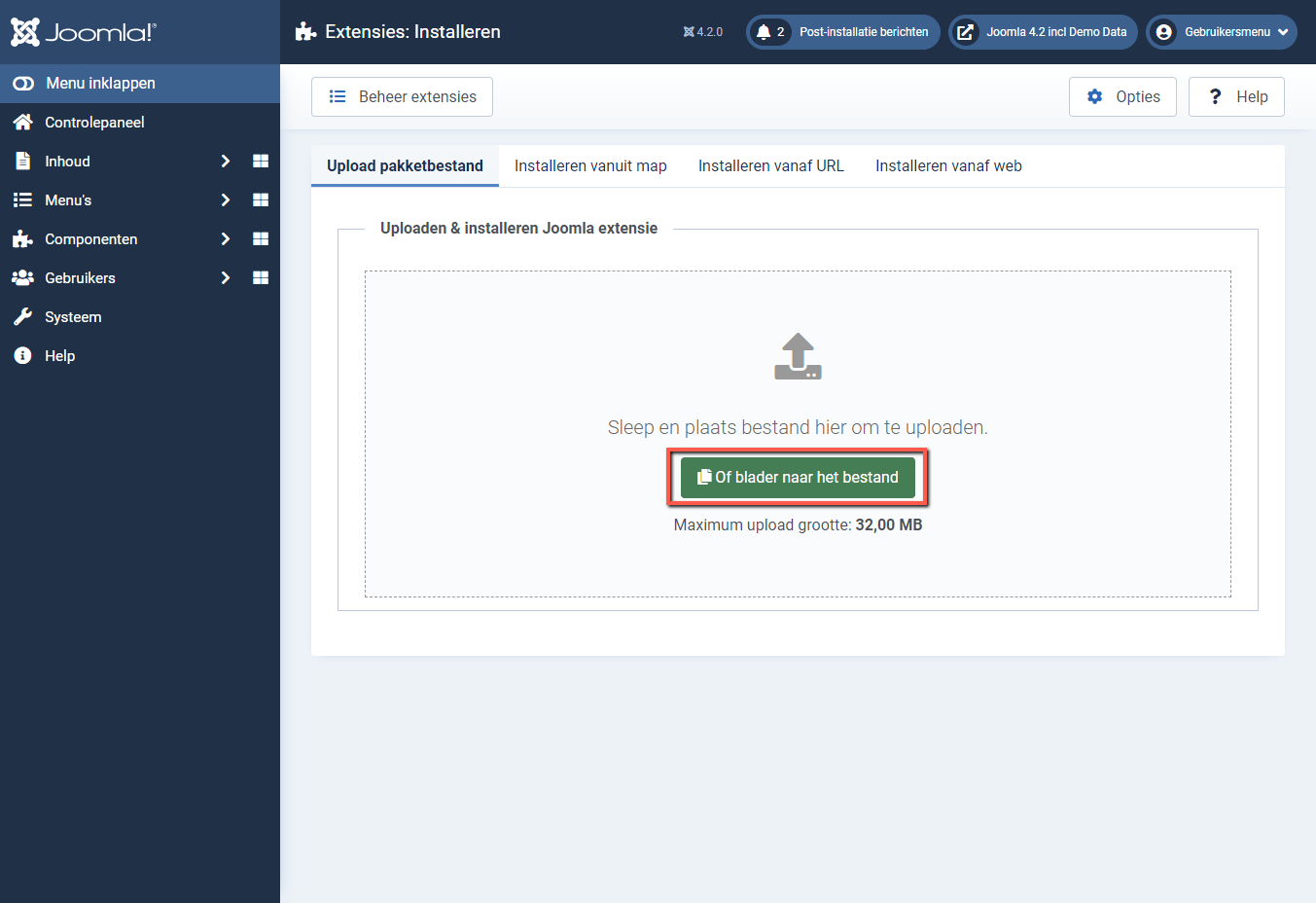 Joomla 4 installatie via knop Of blader naar het bestand