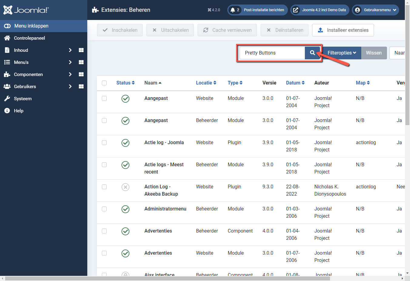Joomla 4 backend zoeken pretty buttons