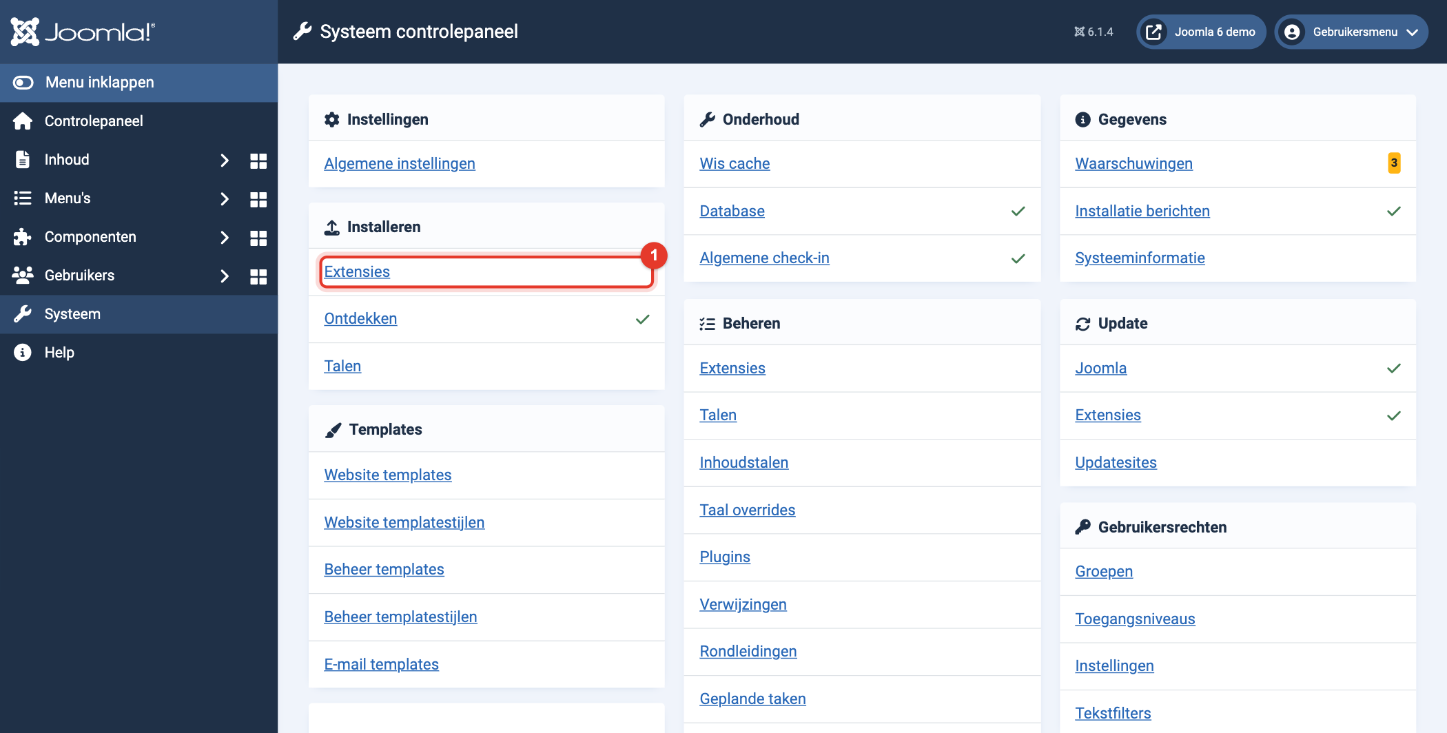 Joomla 6 Systeem controlepaneel, Installeren, Extensies