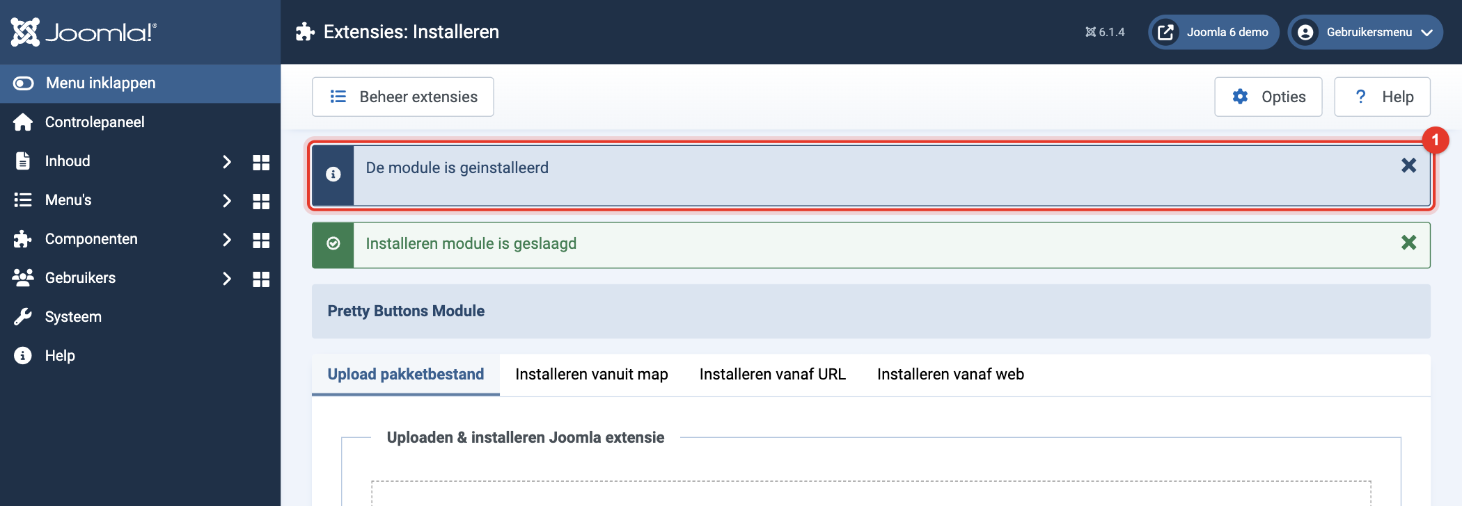 Joomla 6 melding: installeren module is geslaagd