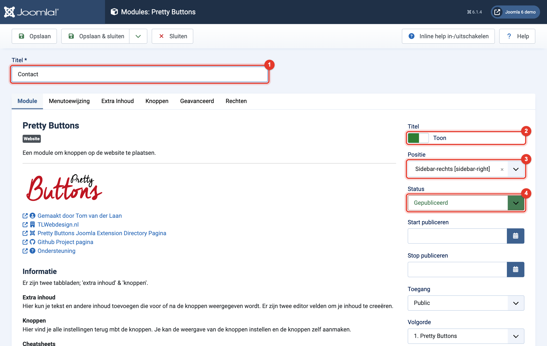 Module Pretty Buttons: titel, positie en status