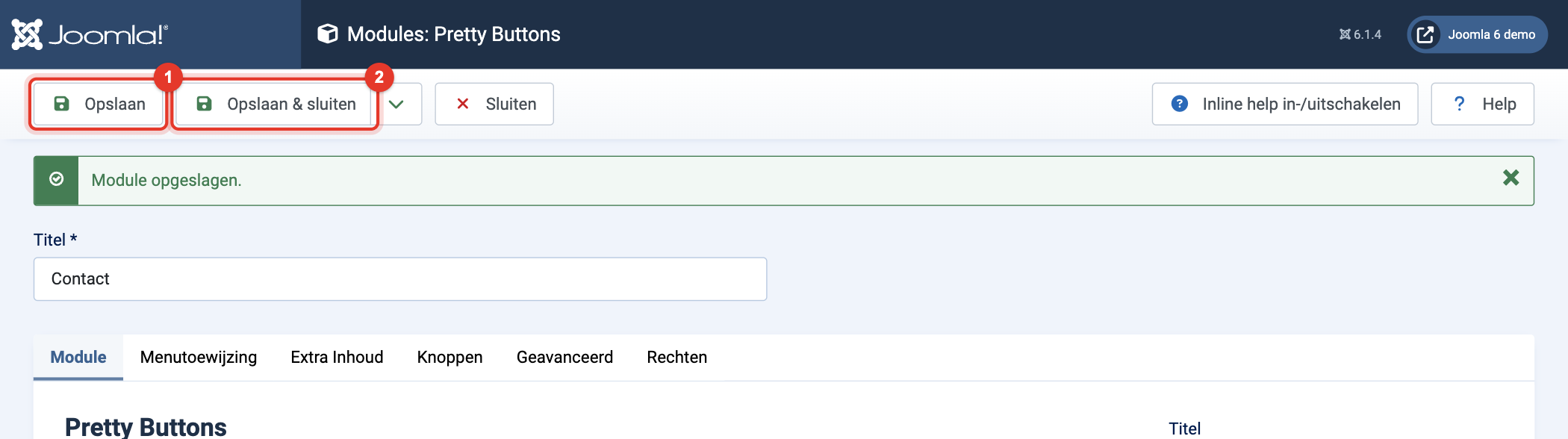 Module Pretty Buttons: Opslaan en Opslaan & sluiten