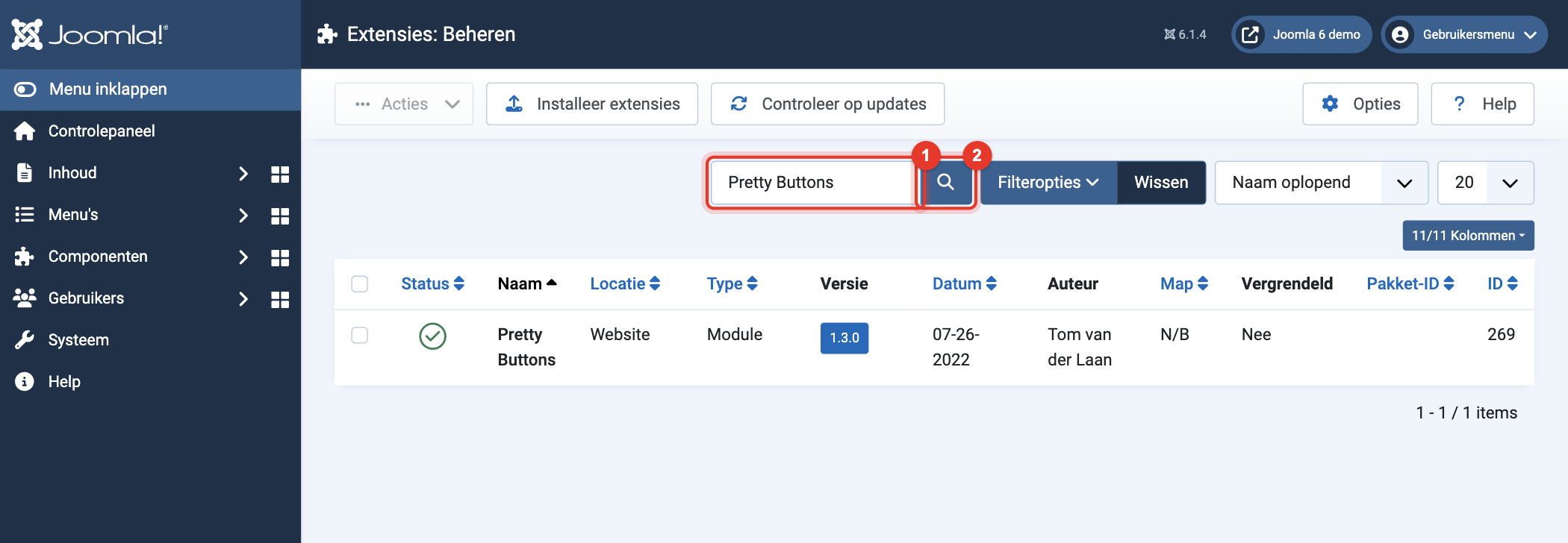 Joomla 6 Extensies: Beheren, zoeken naar Pretty Buttons