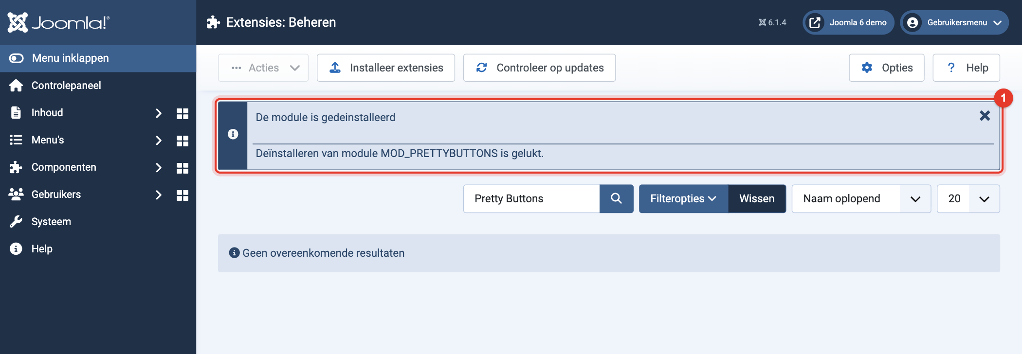 Joomla 6 melding: de-installeren van de module is gelukt