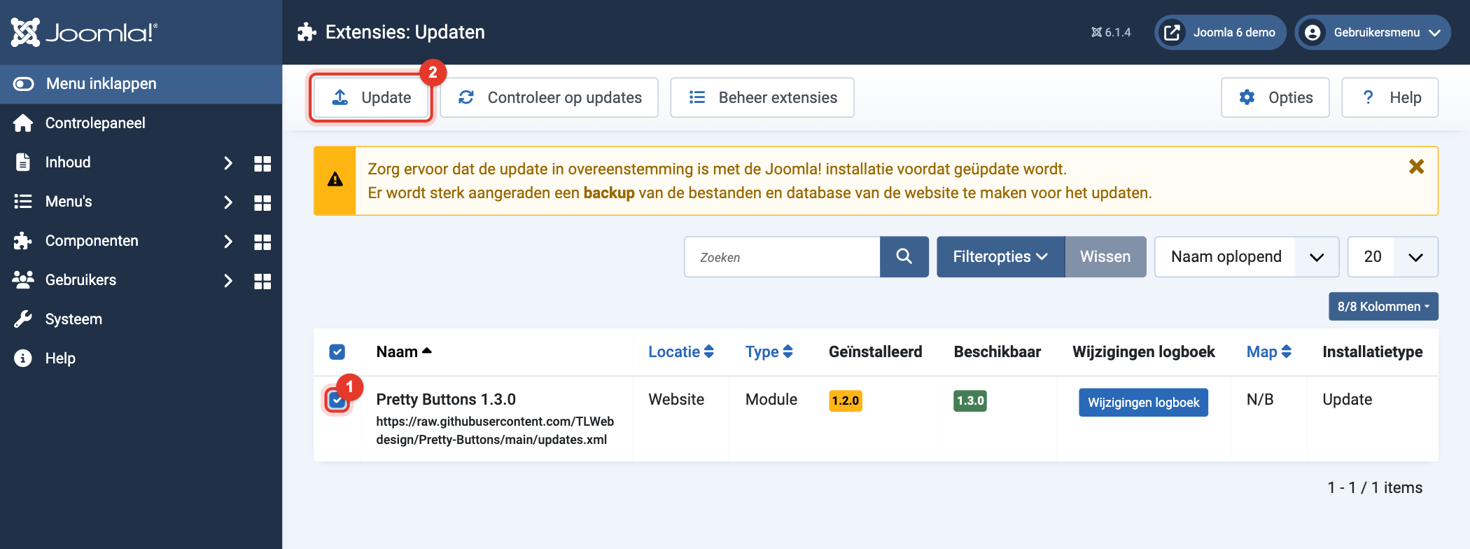 Joomla 6 Extensies: Updaten met Pretty Buttons aangevinkt