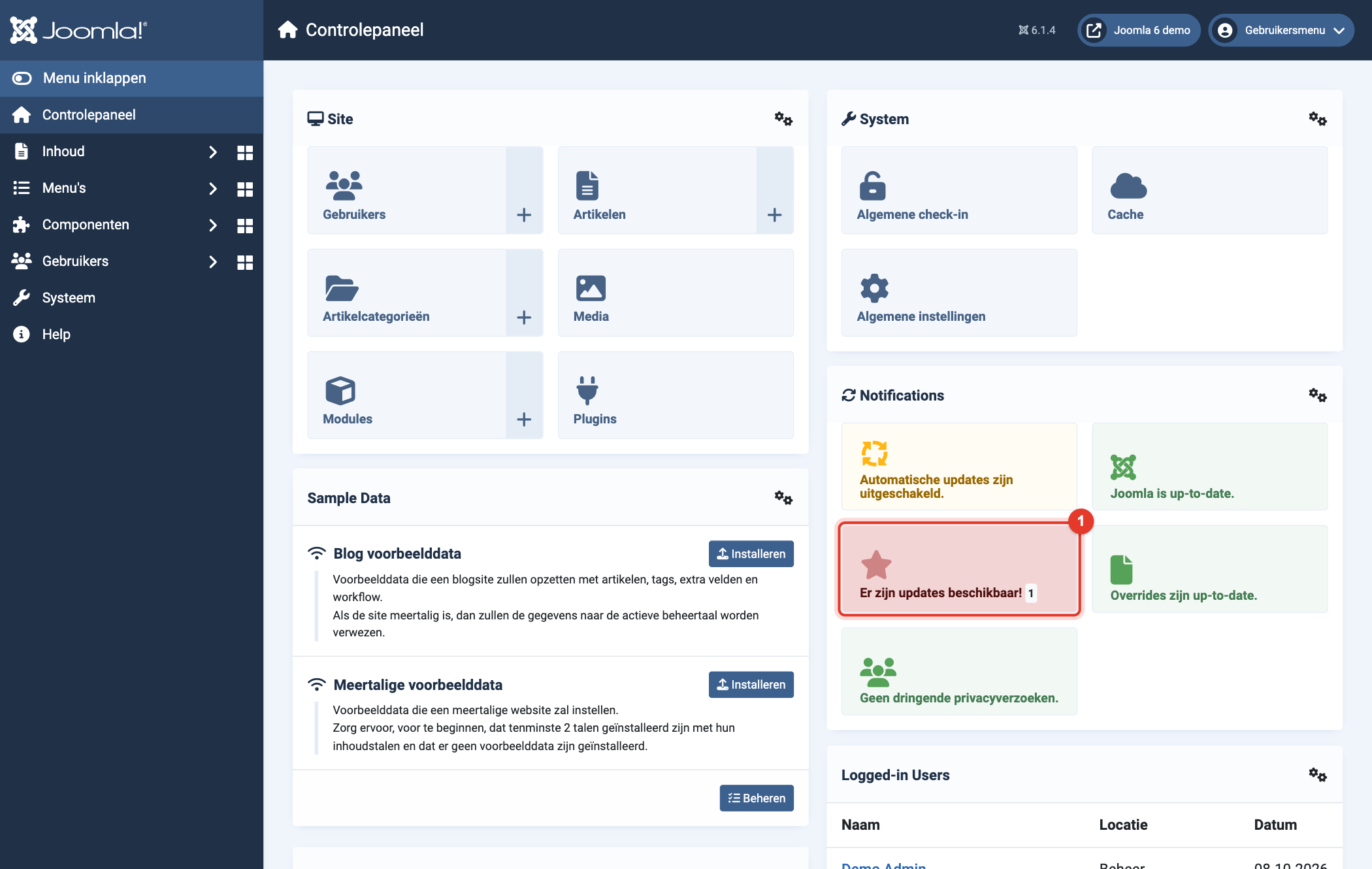 Joomla 6 controlepaneel: er zijn updates beschikbaar