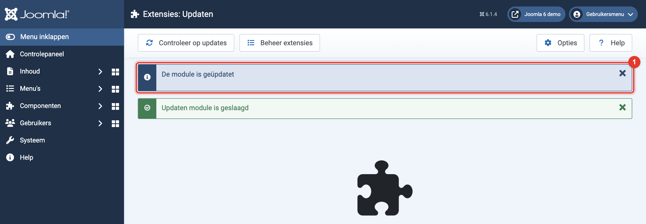Joomla 6 melding: updaten module is geslaagd