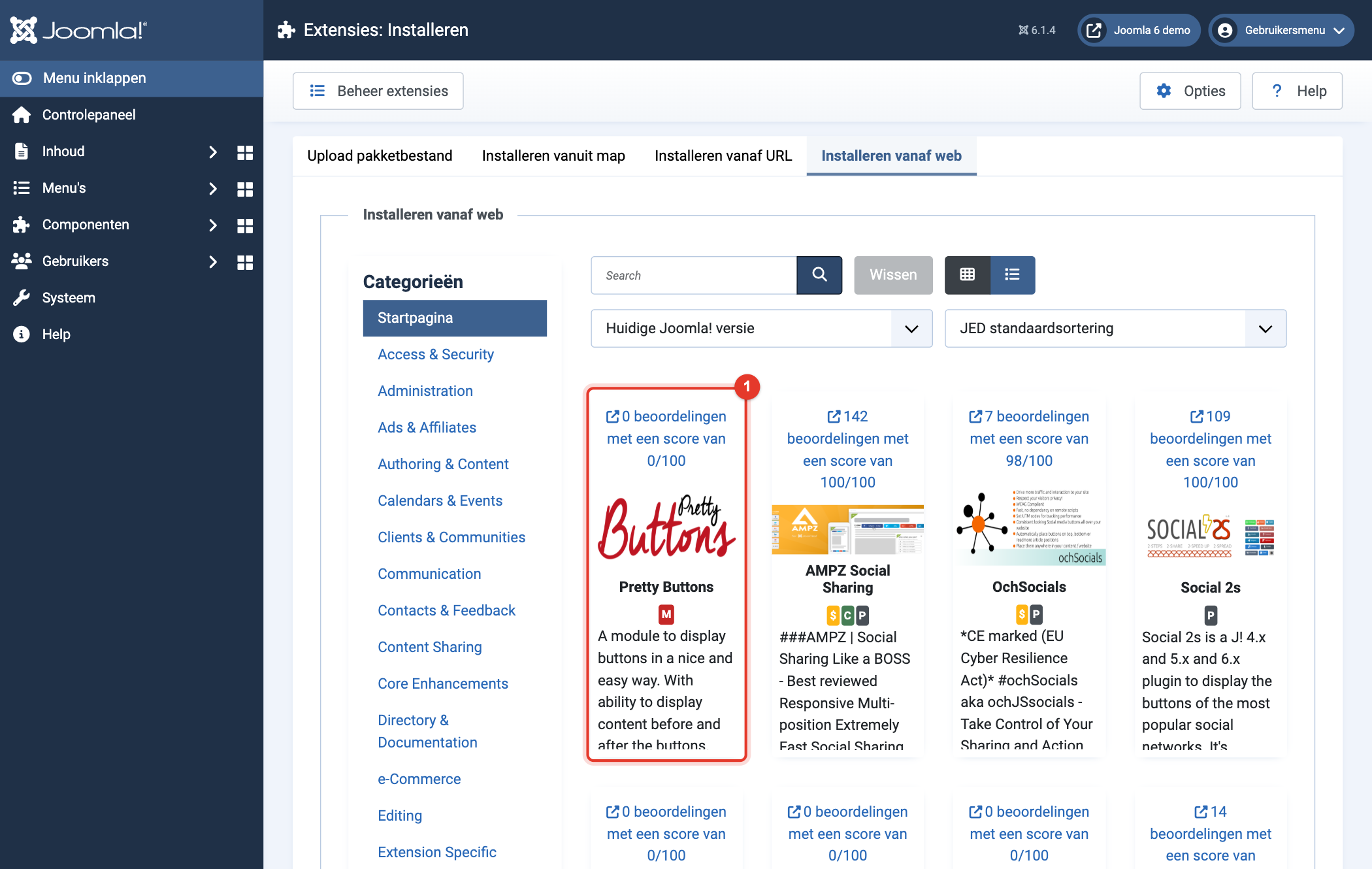 Joomla 6 Installeren vanaf web, Pretty Buttons in de resultaten