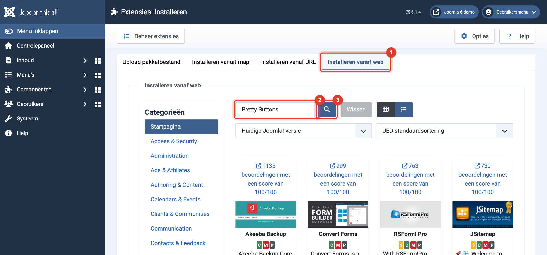 Joomla 6 Installeren vanaf web, zoeken naar Pretty Buttons