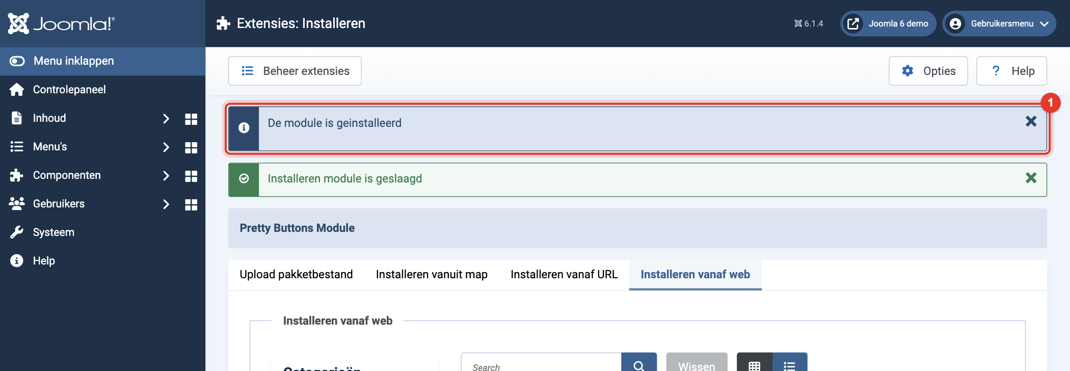 Joomla 6 melding: installeren module is geslaagd