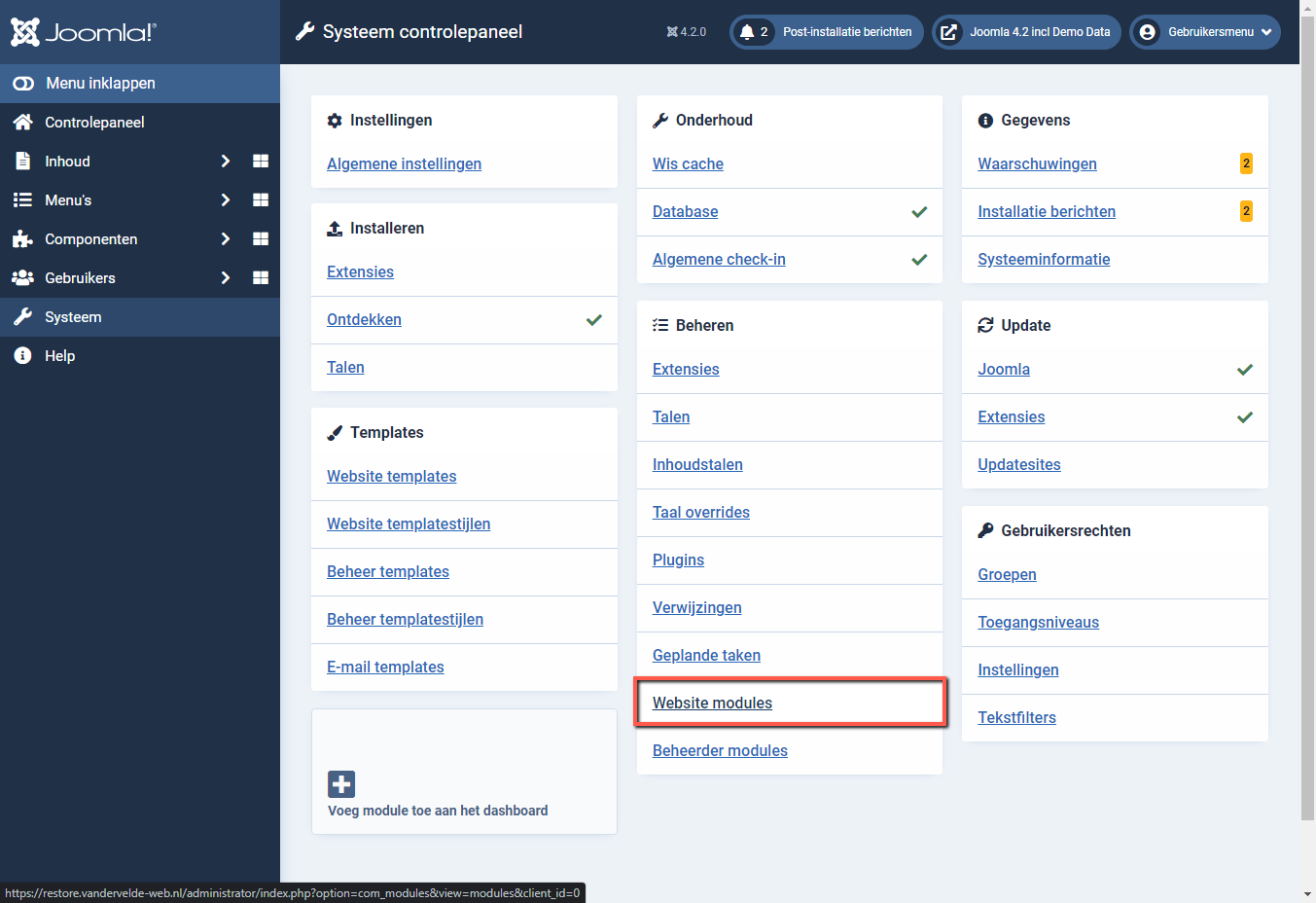 Joomla 4 backend website modules