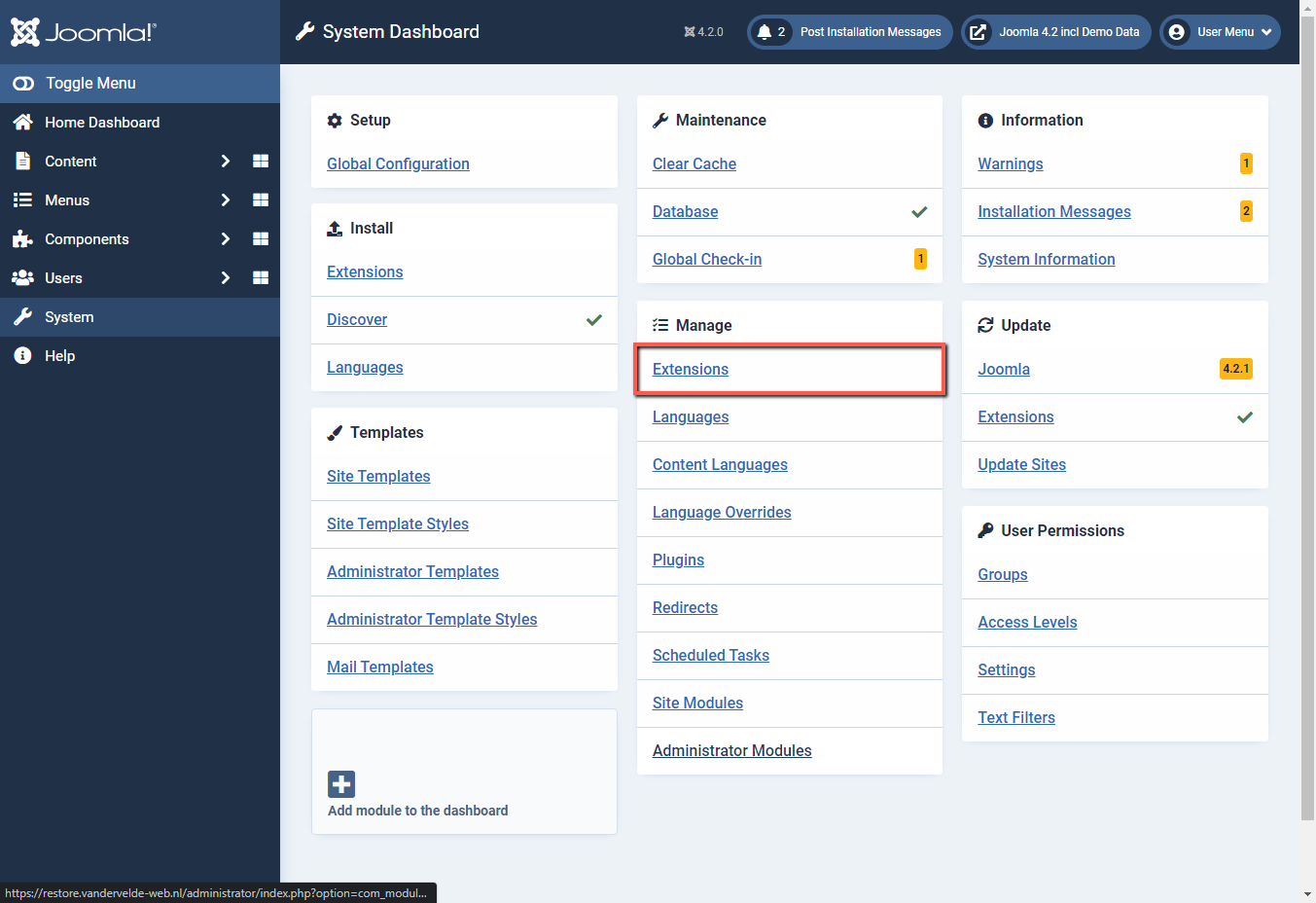 Joomla 4 backend Manage Extensions