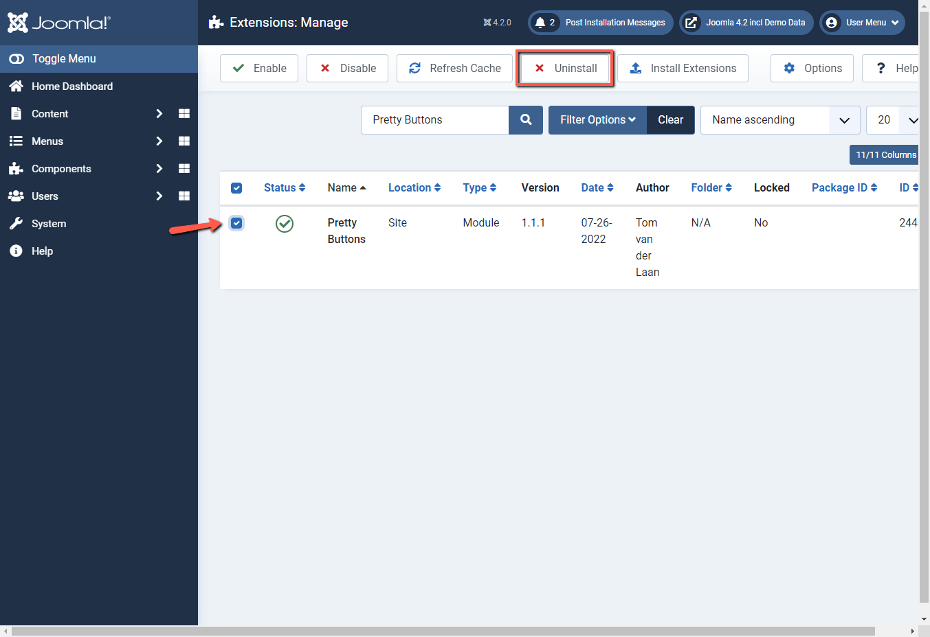 Joomla 4 backend uninstall Pretty Buttons