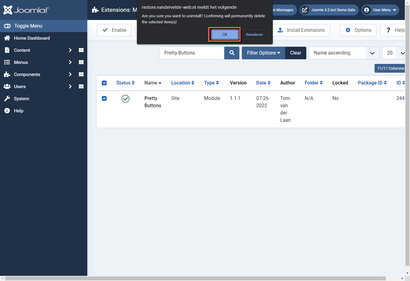 Joomla 4 backend deinstalleren Pretty Buttons