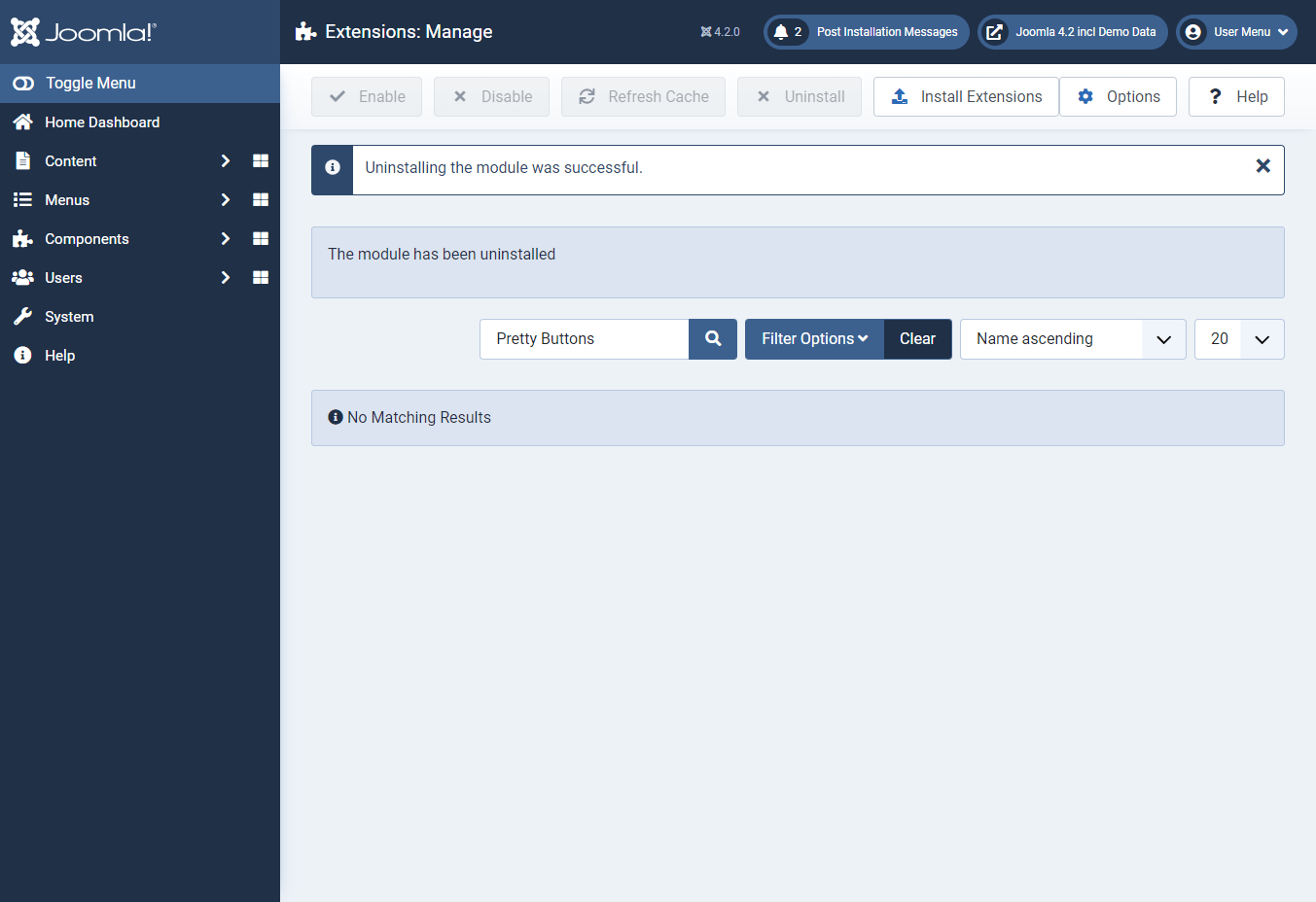 Joomla 4 backend deinstallation Pretty Buttonsn succeeded