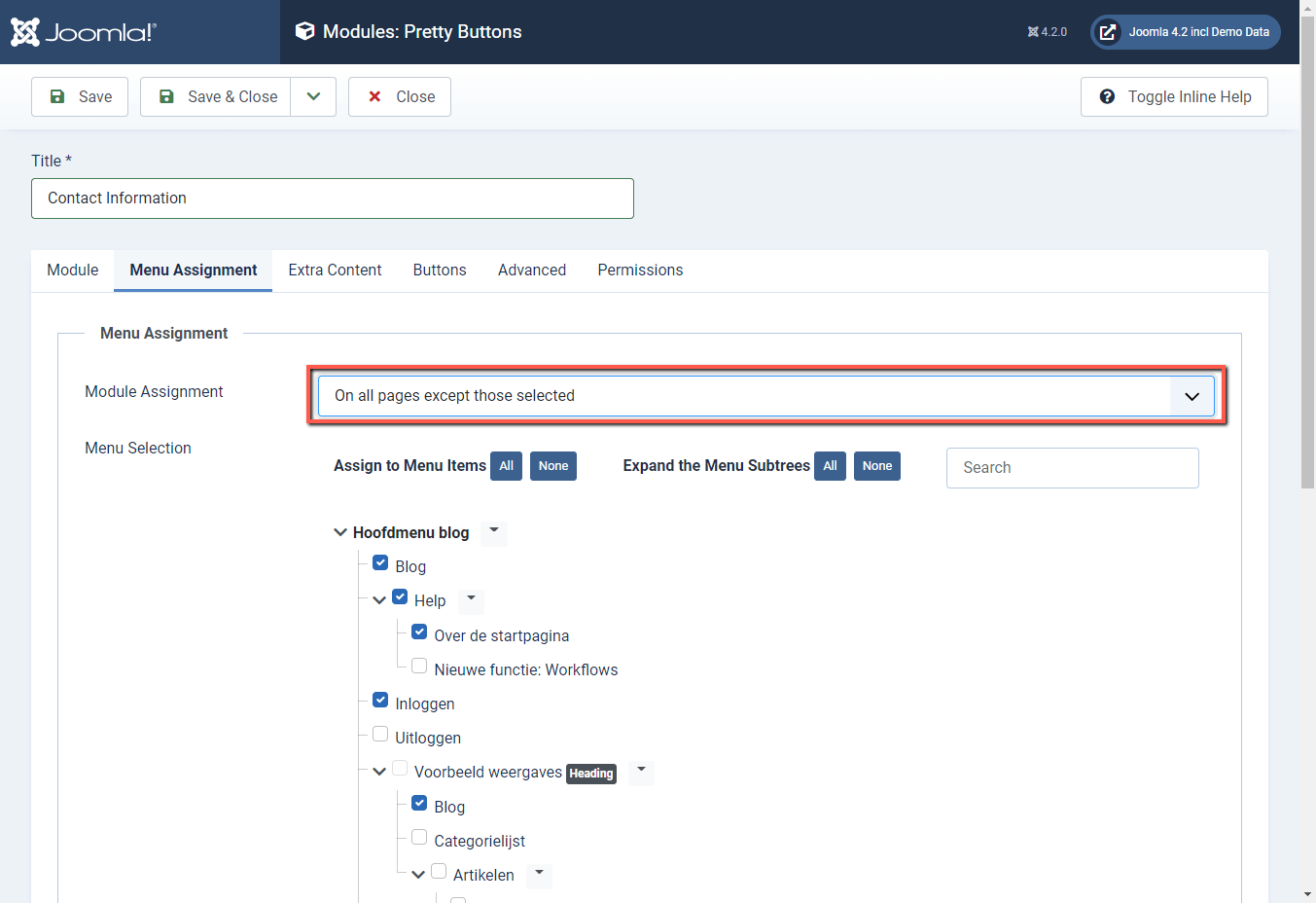 Joomla 4 backend Menu Assignment All pages except