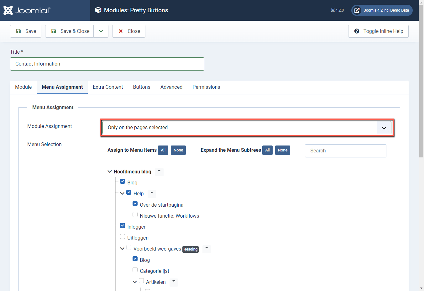 Joomla 4 backend Menu Assignment Selected Pages