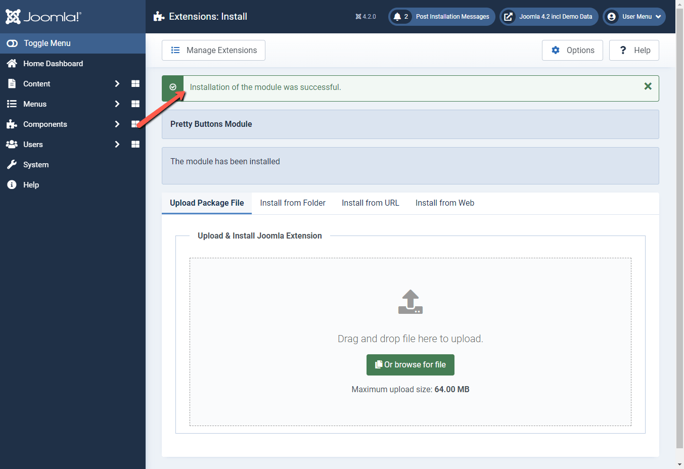 Joomla 4 backend Successful install Module