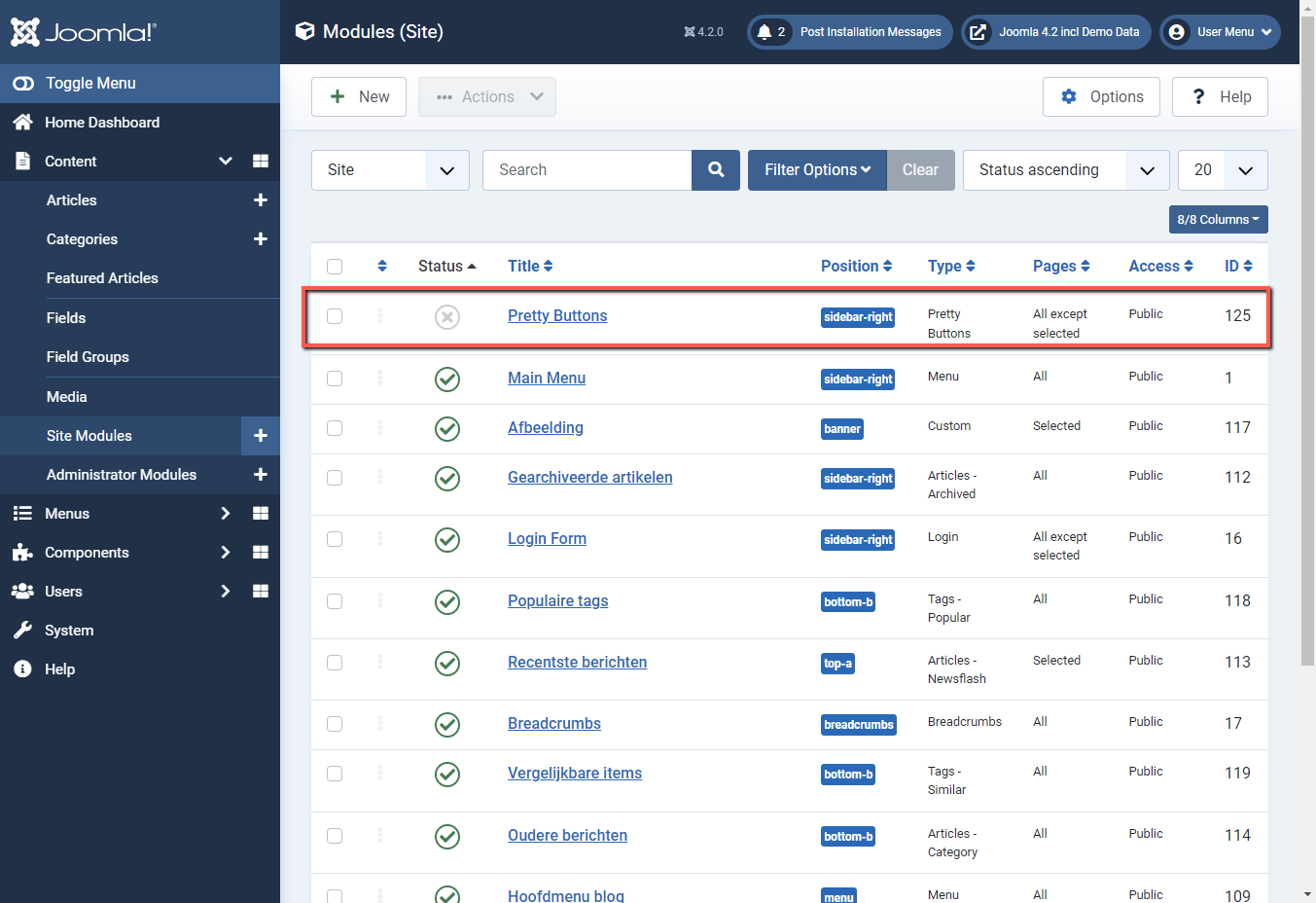 Joomla 4 backend Website Modules Pretty Buttons