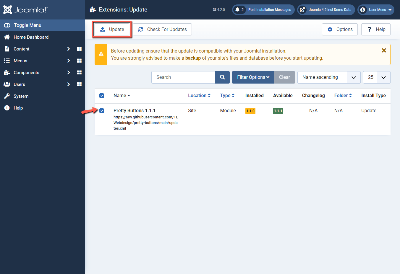 Joomla 4 backend update click update