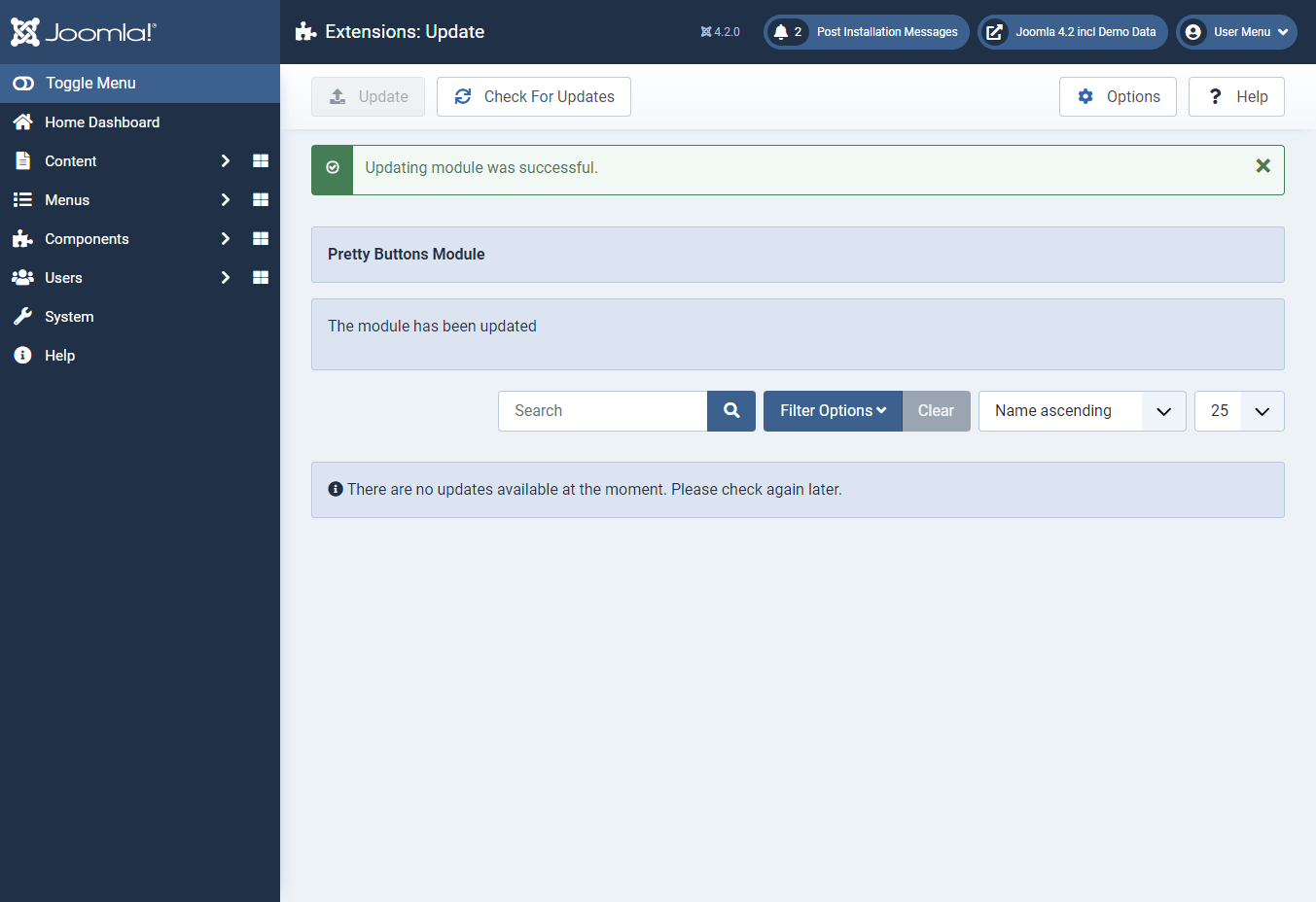 Joomla 4 update installation successful