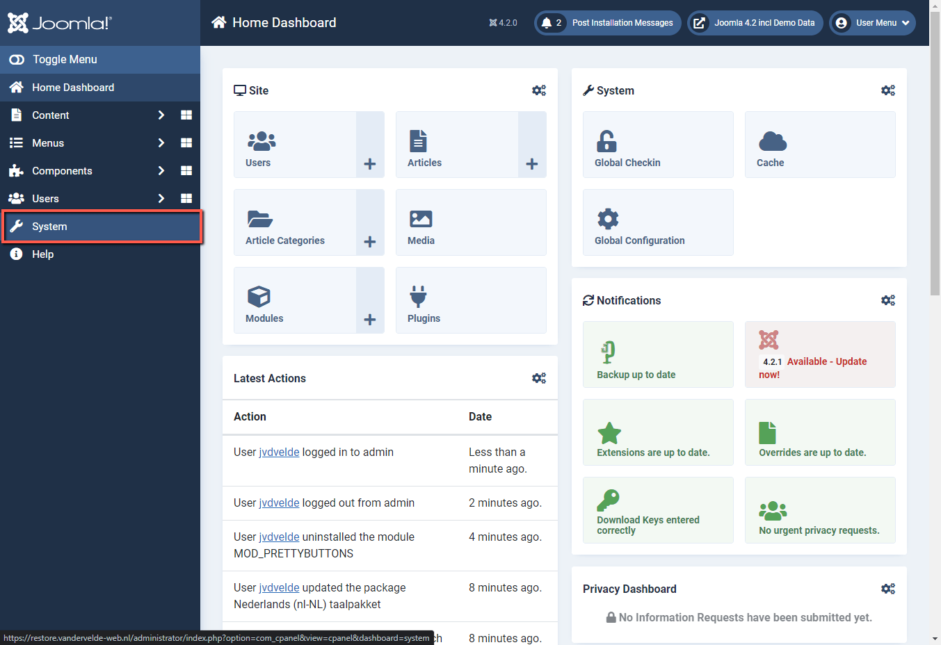 Joomla 4 backend Menu System