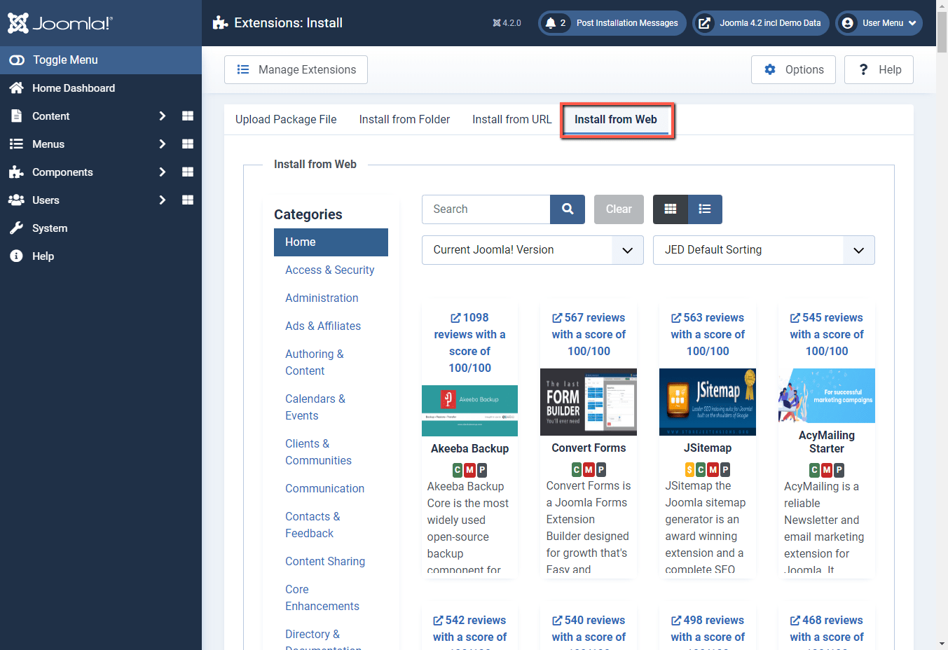 Joomla 4 backend Install from web tab