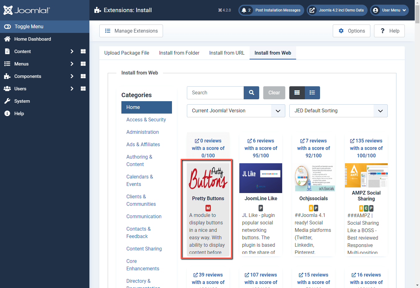 Joomla 4 backend install from web click Pretty Buttons