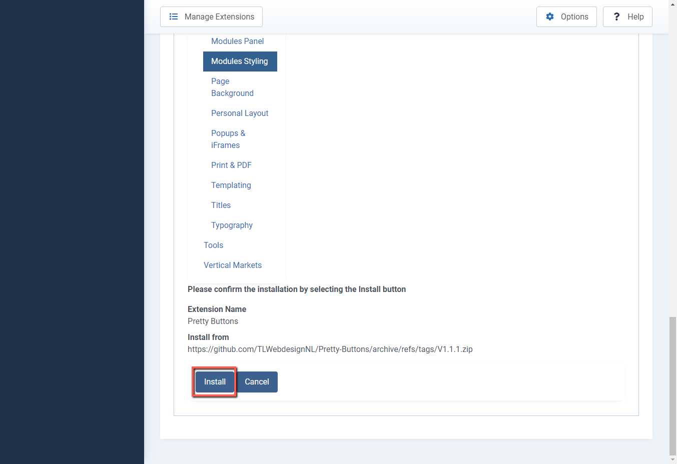Joomla 4 backend install blue button