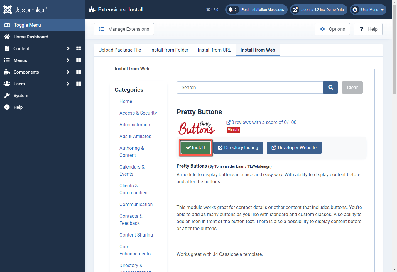 Joomla 4 backend install green button