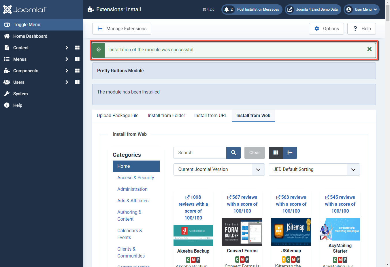 Joomla 4 backend install successful