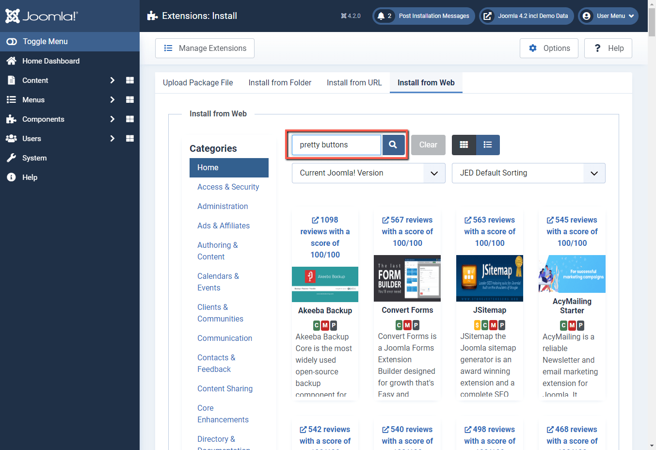 Joomla 4 backend install via web - search Pretty Buttons