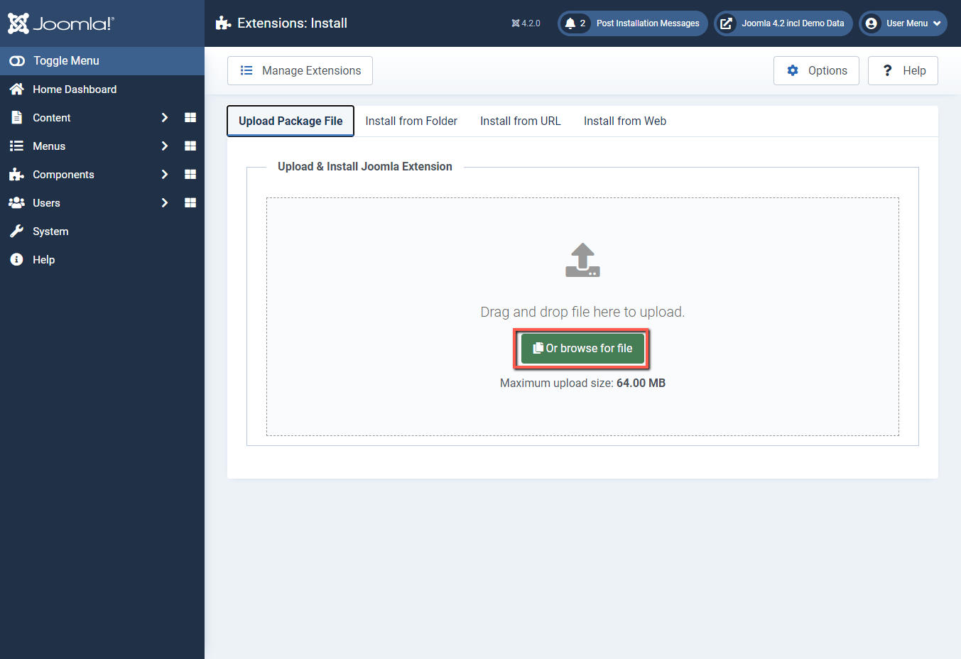 Jooml 4 button via Or browse file option